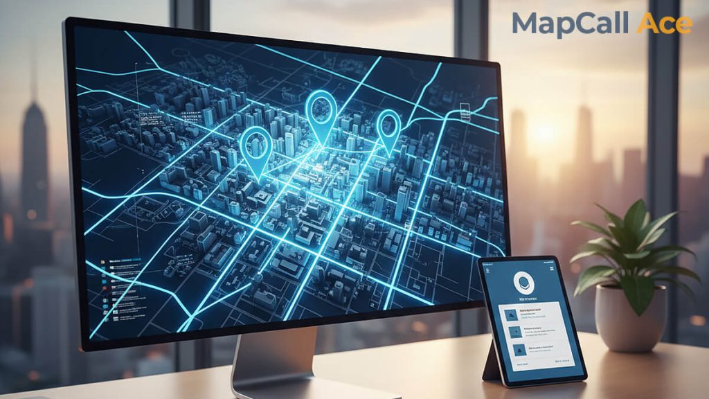 A modern office desk showing a digital city map with three highlighted location pins, representing a Google Business Profile ranking in the local 3-pack